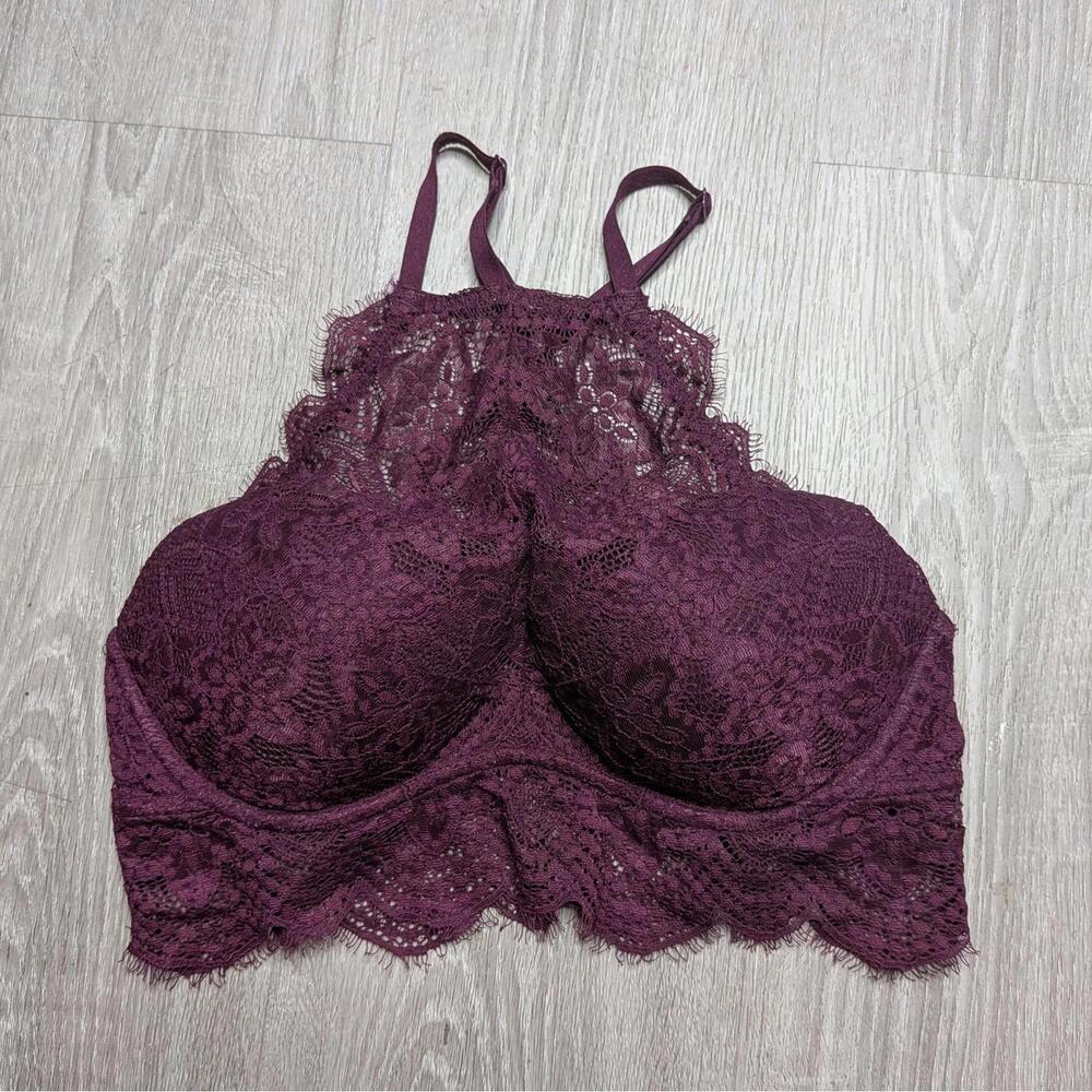 PINK Bralette Womens Medium Purple Lace Padded Wireless Floral Logo Longline